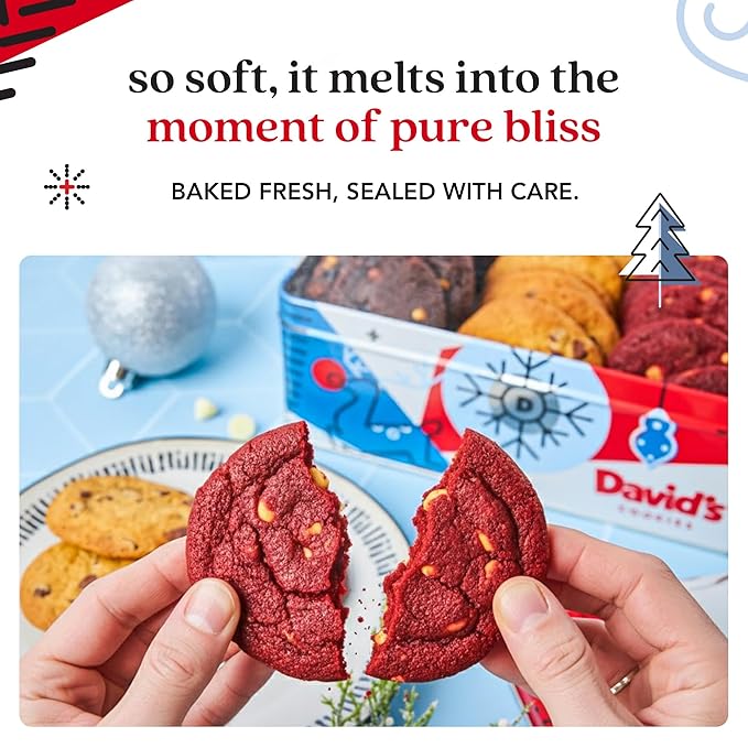 David's Cookies Christmas Cookies Gift Box - Fresh Baked Assorted Mini Cookies in Winterwonderland Tin with Chocolate Chip, White Chocolate Chip & Red Velvet - Gourmet Holiday Food Gift Basket