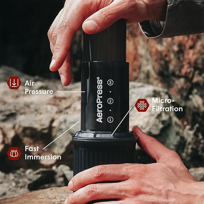 AeroPress Go Travel Coffee Press Kit - 3 in 1 brew method combines French Press, Pourover, Espresso - Full bodied coffee without grit or bitterness - Small portable coffee maker for camping & travel
