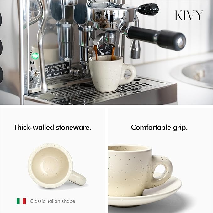 KIVY 3 oz Espresso cups set of 4 - Thick walled stoneware espresso cup set - Italian style espresso cups and saucers - Demitasse cups set of 4 - Coffee mugs - Demitasse cups and saucers sets