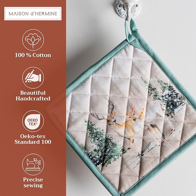 Maison d' Hermine Pot Holders Set 100% Cotton Heat Resistant Potholders 8" x 8" Hot Pads with Loop BBQ, Cooking, Baking, Grilling, Kitchen, Handling Hot Pans (Pack of 2, Deer in The Woods)