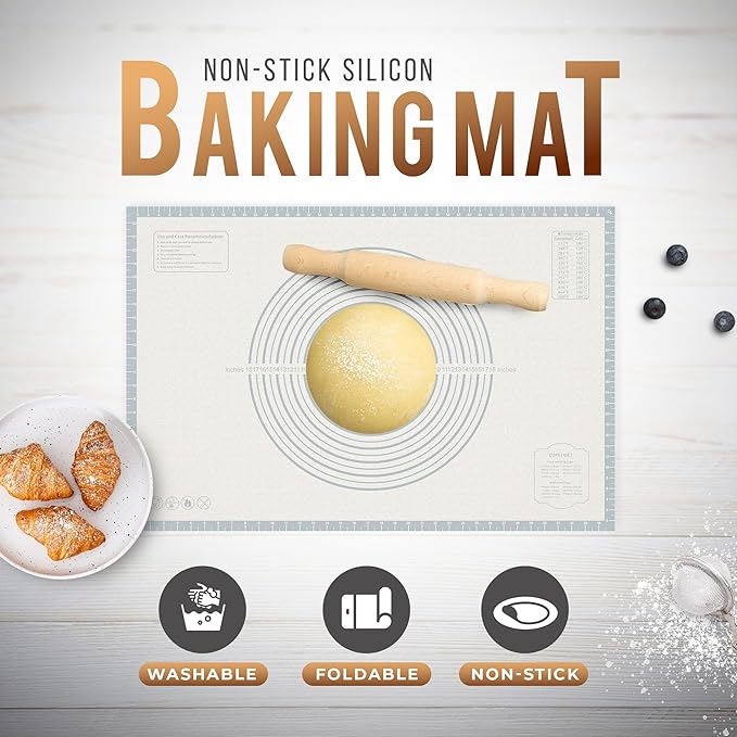 36 * 24 inches white grey, Non-Slip Silicone Baking Sheets - Baking Mat with 0.7mm Thickness - Non-Stick Pastry & Cookie Mat for Kitchen Counter for Rolling Out Dough with Measurements.