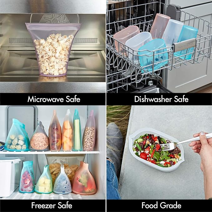 Zip Top Reusable Food Storage Bags | Short Cup [Gray] | Silicone Meal Prep Container | Microwave, Dishwasher and Freezer Safe | Made in the USA