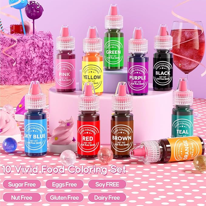 Food Coloring Liquid 10 Colors for Baking,Cherrysea Food Grade Cake Food Coloring Set for Halloween,Fondant,Cookies,Icing,Easter Egg Dessert Decorating Making DIY Supplies Kit- 0.25 Fl. oz (6