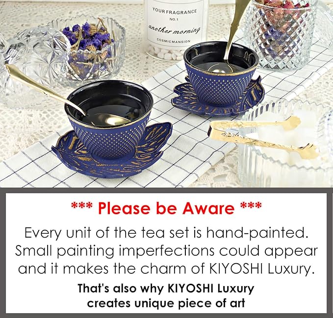 7PC Japanese Tea Set."Midnight Blue Koi" Cast Iron Tea Pot with 2 Tea Cups, 2 Saucers, Tea Infuser and Teapot Trivet. Ceremonial Matcha Accessories