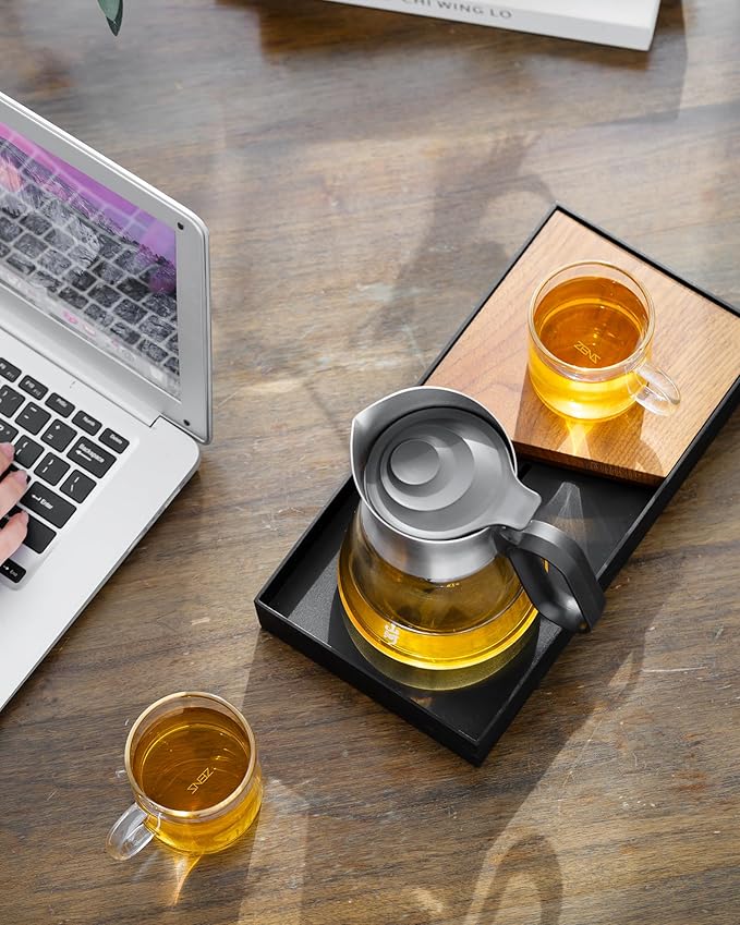 ZENS Design Glass Teapot with Infuser with 2 Cups, 23oz Small Loose Leaf Steeper Pot with Stainless Steel Spout for Hot Tea Diffusers, Oval Handle Clear Tea Infusers Pot for Tea Lovers Gifts