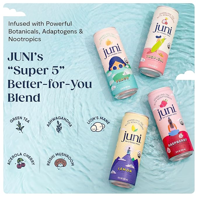 Juni Sparkling Adaptogen Drink with Ashwagandha, Lion’s Mane & Reishi Mushrooms | Green Tea for Focus, Zero Sugar, 5 Calories, Organic | Non Alcoholic Drinks - Tropical 12 pack