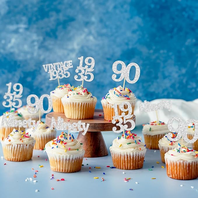 Gyufise 24Pcs 90th Birthday Cupcake Toppers Glitter Cheers to 90 Fabulous Ninety Vintage 1935 Cupcake Picks 90th Birthday Wedding Anniversary Party Cake Decorations Supplies Silver