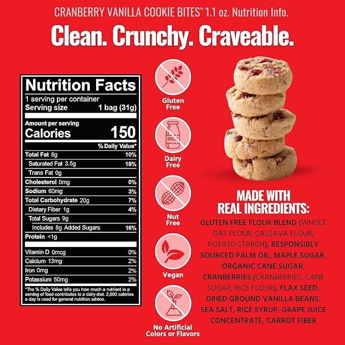 Every Body Eat Crunchy Cookie Bites, Gluten & Dairy Free, Vegan, School Safe Lunch Snacks, Single Serve (Pack of 20) (Cranberry Vanilla)