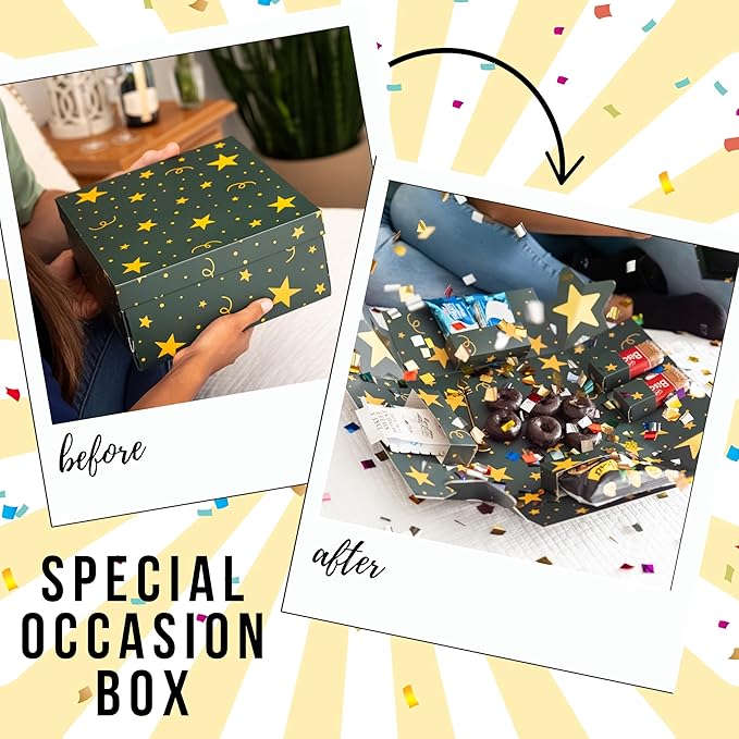 Explosion Gift Box with Treats – Premium Surprise Snack Box with Donuts, Cookies, Chips & More – Blank Design for Any Occasion – Party, Celebration, or Just Because Gift (Happy Holidays)