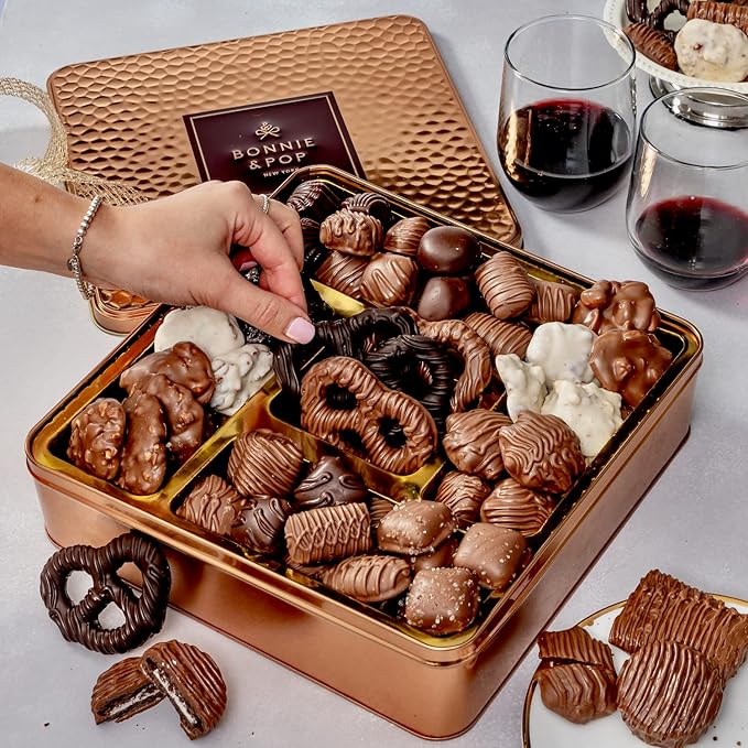 Chocolate Gift Basket, Gourmet Snack Food Box in Keepsake Tin, 2+ lbs of Chocolate, Great for Birthday, Sympathy, Family Parties & Get Well - Bonnie & Pop