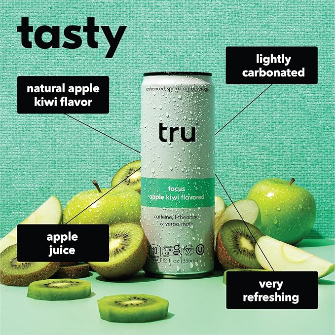 Tru Focus Seltzer, Sparkling Water with Green Tea Extract, Yerba Mate, L Theanine & Real Apple Kiwi Juice, Sweetened with Monk Fruit & Stevia, Gluten Free, Vegan, Sugar Free, 12 FL OZ Cans, 12 Pack