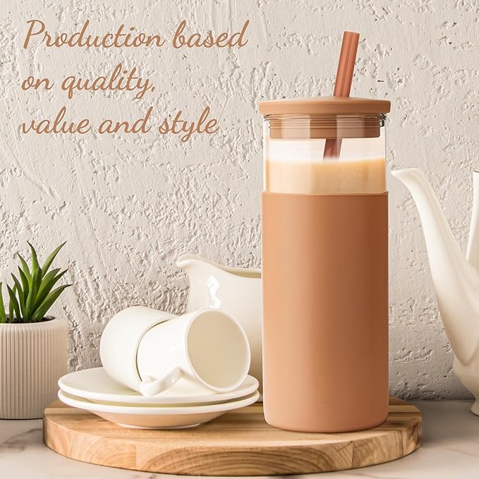 Tronco 20 oz Glass Tumbler With Lids and Straws, Reusable Smoothie Cups With Silicone Lid, Iced Coffee Cup With Silicone Protective Sleeve, Dishwasher Safe- BPA Free（Coffee 1 Count）