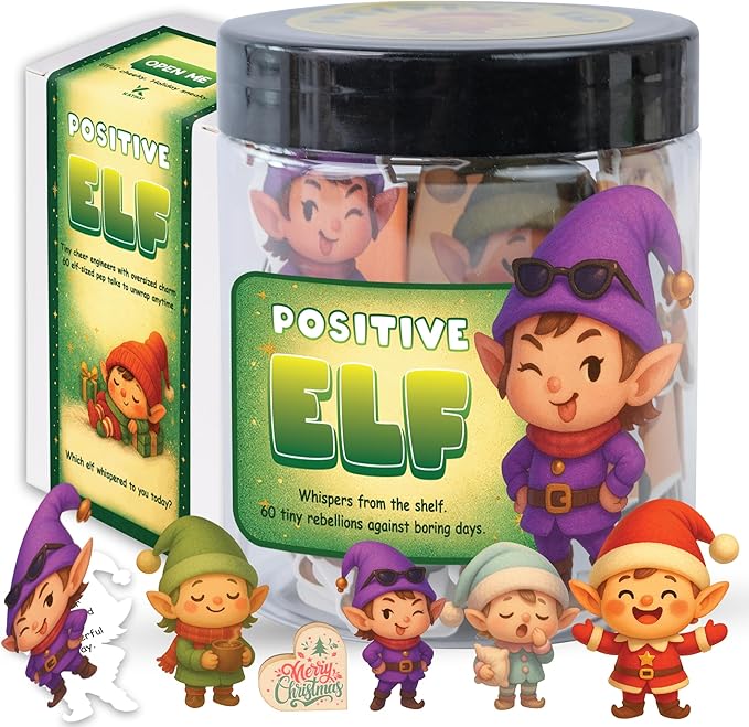 Positive Elf Jar – 60 Funny Emotional Support Elf, Christmas Gifts for Teens, Women, Men, Coworkers, Teachers, Sisters, Friends – Christmas Stocking Stuffer for Teen Girls, Boys, Women
