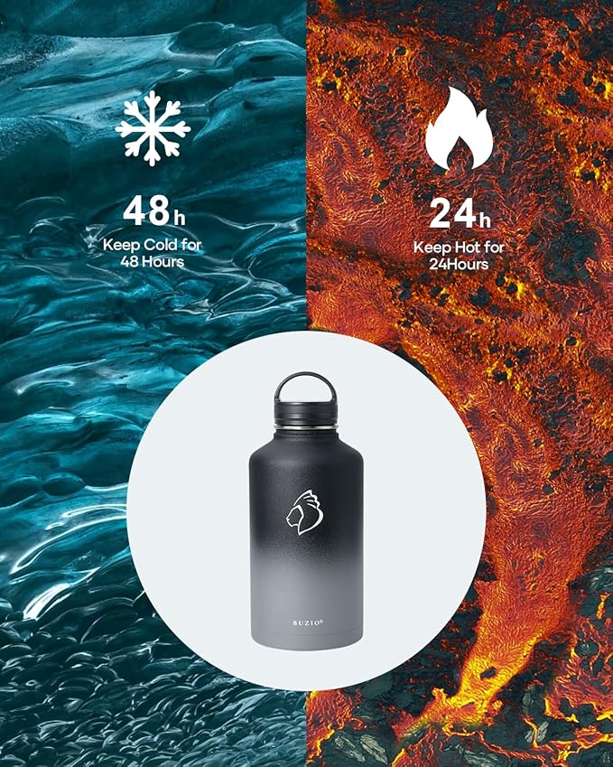 BUZIO 64 oz Water Bottle Insulated with Straw & 3 lid and Carrying Pouch, Leak Proof Half Gallon Stainless Steel Water Flask Jug, Cold for 48 Hrs Double Vacuum Thermo Canteen, BPA-Free, Shadow