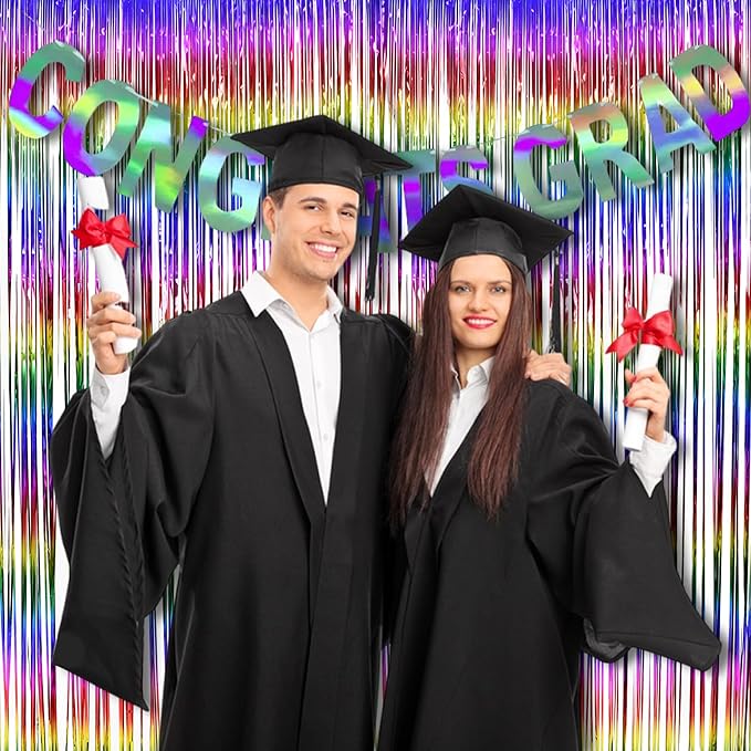 BRAVESHINE Fringe Backdrop Tinsel Foil Curtains - 2 Pack Colorful Metallic Streamers Backdrops for Doorway Decor/80's/90's/Dance/Graduates/Rainbows-Theme/Candylands/Kids Birthdays Party Decorations