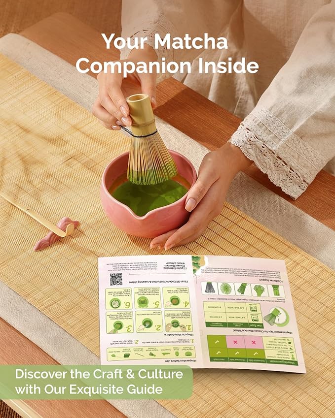 Maestri House Matcha Whisk Set, 7 Pcs Complete Matcha Kit with Spouted Ceramic Bowl, Bamboo Whisk & Holder, Scoop & Sifter, Tea Cloth – Ideal Gift for Matcha Lovers(Pink)