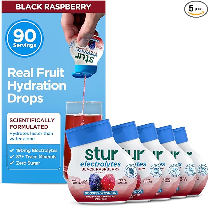 Stur Electrolyte Water Enhancer | Sweetened with Stevia | High in Vitamin C & Antioxidants | Sugar Free | Zero Calories | Keto | Vegan | 5 Bottles, Makes 90 Drinks (Black Raspberry)