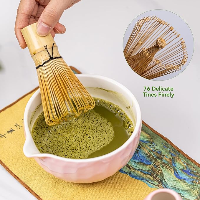 Japanese Matcha Whisk Set,Ceramic Matcha Set Includes Bowl with Spout, Matcha Sifter, Bamboo Whisk and Holder for Matchas Tea,2 Bamboo Scoop, Scoop Rest,Tea Towel - 8 Pcs Kit Gift for Matcha Lovers