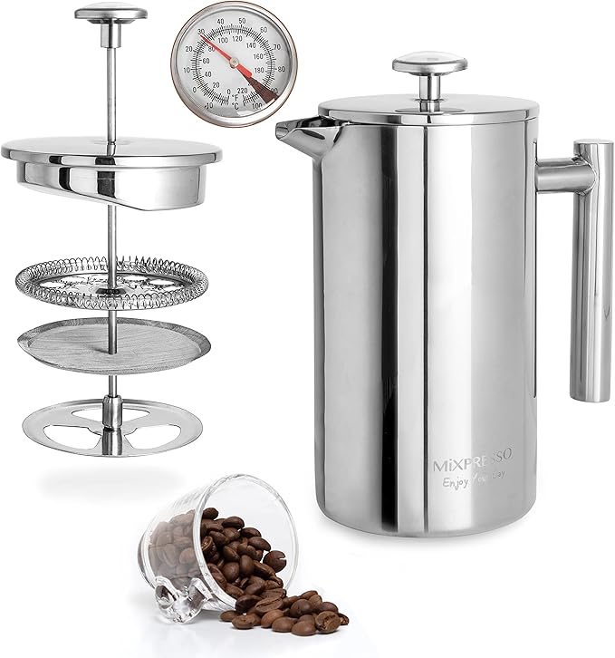 Mixpresso Stainless Steel French Press Coffee Maker 27 Oz 800ml, Double Wall Insulated French Press Stainless Steel, Built-In Thermometer, Easy Clean Tea Brewer, Easy Press Durable Metal Coffee Press