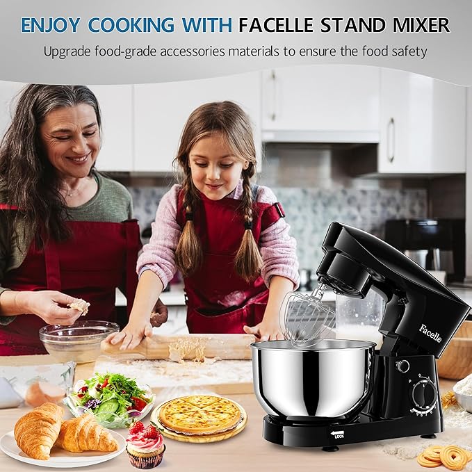 Facelle Stand Mixer, 10-Speed 6QT Kitchen Electric Mixer, Tilt-Head Food mixer with Beater, Dough Hook, Wire Whip and Egg Separator, scraper for Most Home Cooks - Black