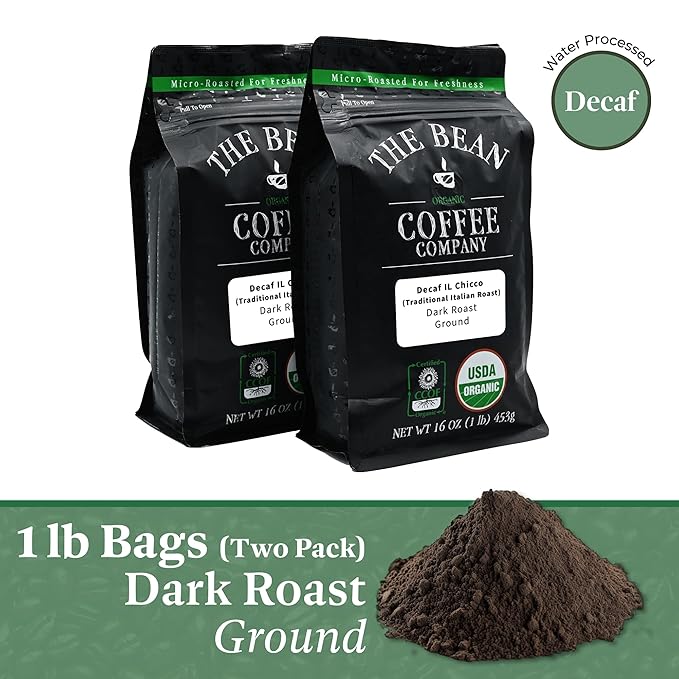 The Bean Organic Coffee Company Water Processed DECAF IL Chicco (Traditional Italian Roast), Dark Roast, Ground Coffee, 16-Ounce Bags (Pack of 2), Café Molido Tostado Orgánico descafeinado