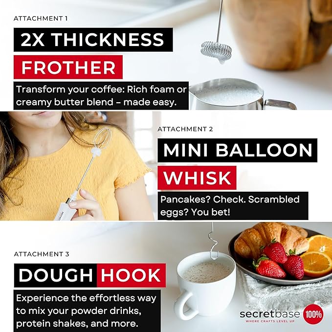 Secretbase 3 Speed Rechargeable Milk Frother, Pitcher, Charging Base - Handheld Mixer for Latte, Drinks, Matcha - Includes Cup, Electric Stirrer, Double-Whisk Frother for Coffee, Egg Beater (White)