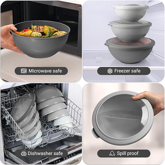 Zulay Kitchen 12 Piece Plastic Nesting Mixing Bowls with Lids - Colorful Microwave & Freezer Safe Gray Ombre Set