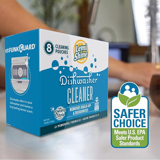 Lemi Shine Natural Dishwasher Cleaner Powered By Citric Acid | 100% Guaranteed Hard Water Cleaning Powder | Eco-Friendly Dishwasher Cleaner and Deodorizer With Fresh Lemon Scent (8 Count)