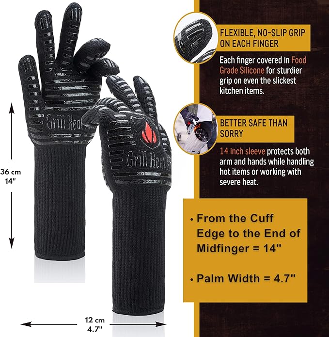GRILL HEAT AID BBQ Grill Gloves Heat Proof for Grilling – Fireproof 1472°F Heat-Resistant Grill Mitts for Outdoor Barbecue and Smoker, Campfire, Fire Pit, Oven Glove with Fingers for Baking Pizza