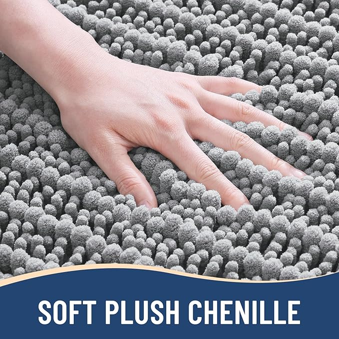 Arotive Luxury Chenille Bathroom Rug Mat, Extra Soft Thick Absorbent Shaggy Bath Rugs, Non-Slip Machine Wash Dry, Plush Bath Mats for Bathroom, Shower and Tub, 24x16, Light Grey