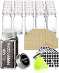 SWOMMOLY 25 Glass Spice Jars with 703 Spice Labels, Chalk Marker and Funnel Complete Set. 25 Square Glass Jars 4OZ, Airtight Cap, Pour/sift Shaker Lid