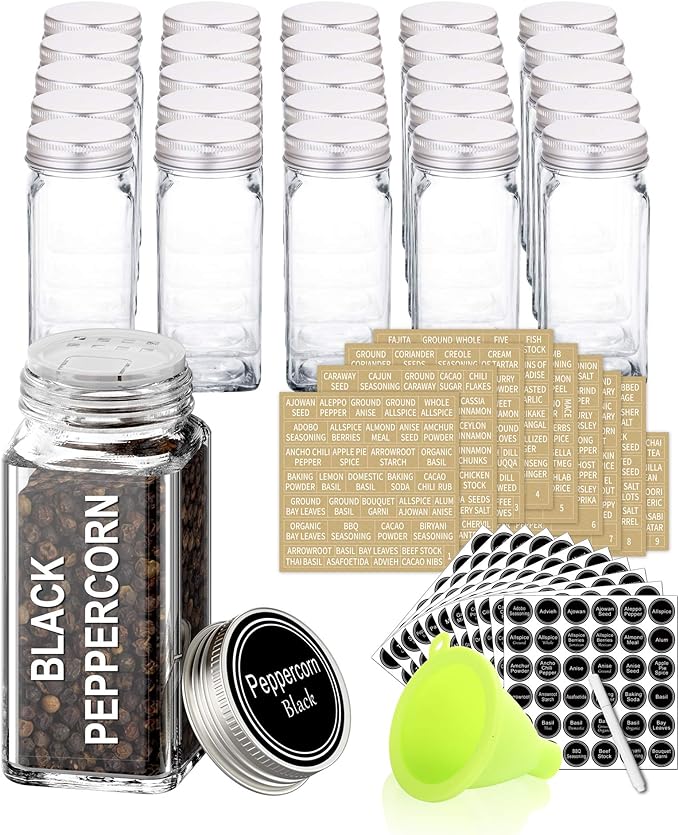 SWOMMOLY 25 Glass Spice Jars with 703 Spice Labels, Chalk Marker and Funnel Complete Set. 25 Square Glass Jars 4OZ, Airtight Cap, Pour/sift Shaker Lid