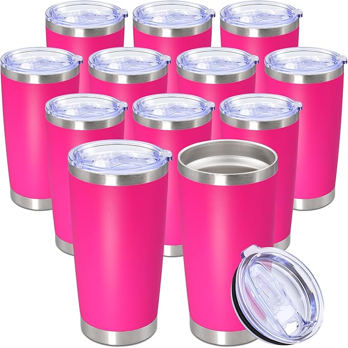 20oz Tumbler Bulk Stainless Steel Tumbler Cup with Lid Vacuum Insulated Double Wall Travel Mug, Durable Powder Coated Travel Coffee Tumbler Mug for Hot & Cold Drinks, Hot Pink,12 Pack