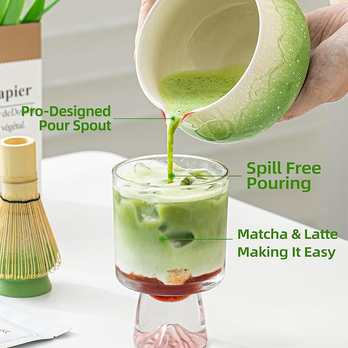 TEANAGOO 7 Pcs Matcha Whisk Set,Green Matcha Set, Ceremony Matcha Powder Kit,Matcha Tea Set for Making Latte,Matcha Whisk Set and Bowl with Scoop&Sifter,Fuji Design Ceramic Bowl,Gift for Matcha Lovers