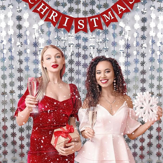 BRAVESHINE Silver Party Snowflake Backdrop - 2 Pack Hanging Foil Fringe Snow Flakes Party Streamers Curtain for Christmas Winter-Themed Frozen Birthday Baby Shower Holiday New Year Party Decorations