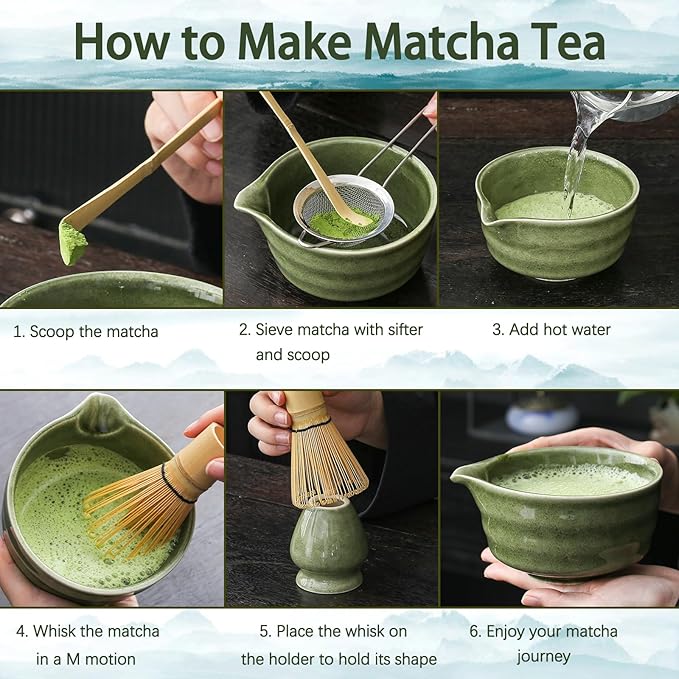 Matcha Whisk Set, Matcha Bowl with Spout, Matcha Whisk and Holder, Bamboo Matcha Scoop and Stainless Sifter - 5 Pcs Jade Green Matcha Kit for Matcha Lover