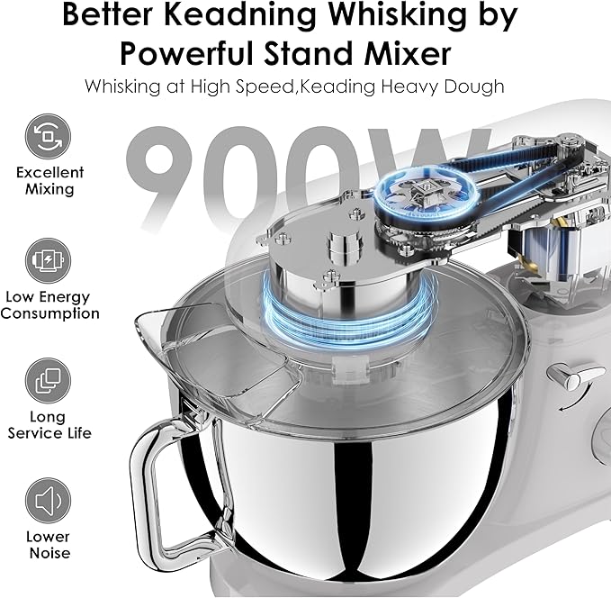 Kitchen in the box Stand Mixer - 900 Watt Heavy Dough Standing Mixers with 6.5 Quart Mixing Bowl, Tilt-head, Dough Hook, Whisk, Flat Beater and Splash Guard (White)