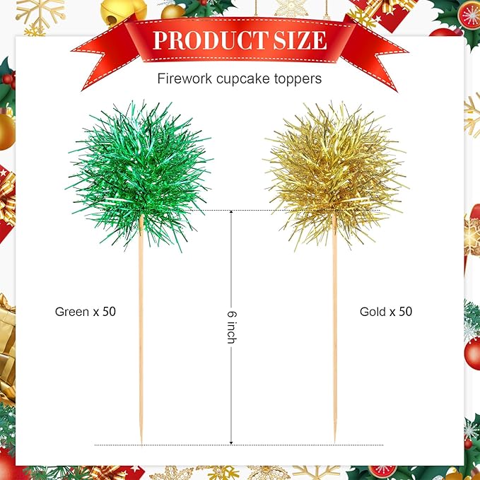 Chinco 100 Pcs Foil Firework Cupcake Toppers Sparkle Tinsel Cake Toppers Cake Decoration Cocktail Fruit Toothpick for Birthday Wedding Graduation Party(Green, Gold)