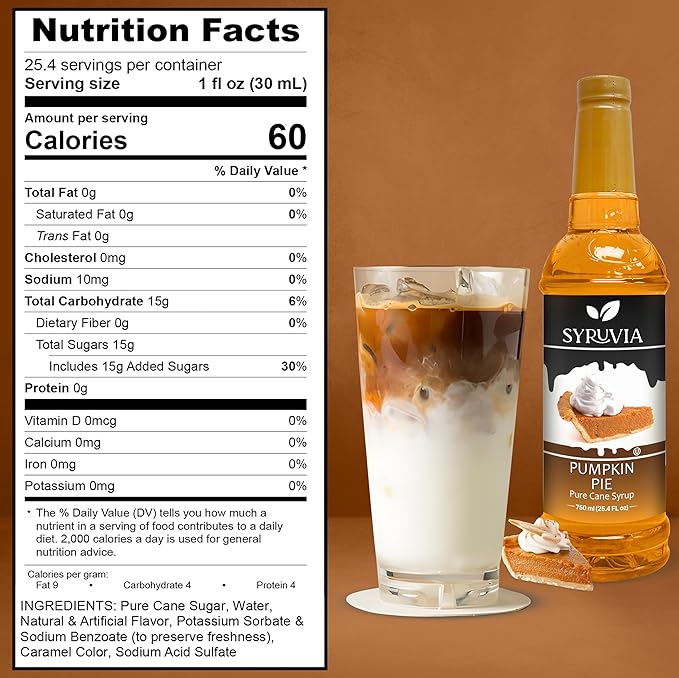 Syruvia Pumpkin Pie Coffee Syrup, Flavored Syrup for Drinks, Lattes, and Desserts – 25.4 fl oz