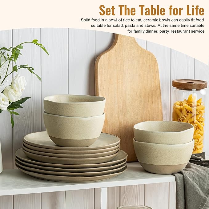 12 Pieces Dinnerware Sets,Plates and Bowls Sets, Handmade Reactive Glaze Dishes Set for 4 with at Least 10% Recycled Ceramic (Beige)
