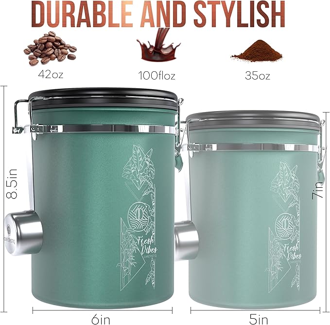 38oz / 22oz Coffee Canister – Airtight Stainless Steel Storage Container with Date Tracker & Scoop, Sealed Jar for Grounds, Beans, Tea, Flour, Cereal, and Sugar (Green Vibes, 38OZ)