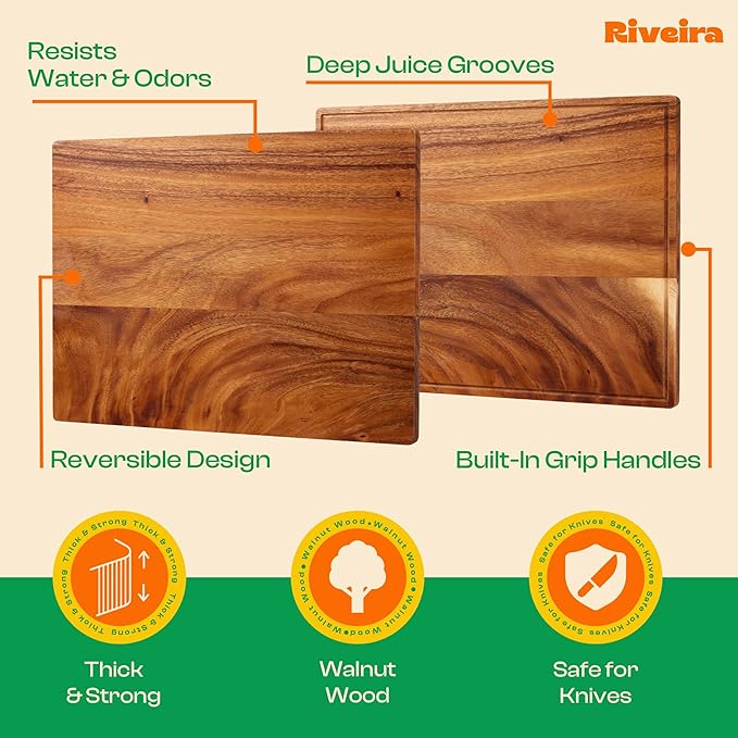 Riveira Walnut Cutting Board Set – Versatile And Durable: Set Of 3 Pcs Rectangular Wooden Cutting Board – Natural Wooden Cutting Boards For Kitchen – Complete Walnut Wooden Chopping Board