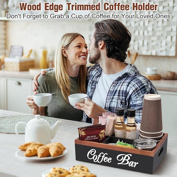 Wooden Coffee Organizer Holder with Divided Sections & Cutout Handle, Farmhouse Coffee Bar Organizer for Pods, Cups, Lids, Syrups, Stirrers & Accessories – Ideal Gift for Home or Office