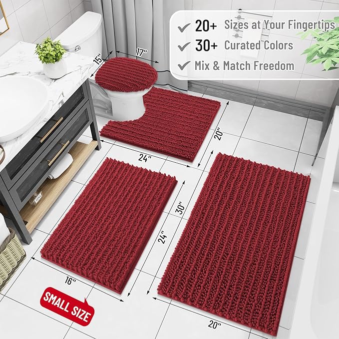 Arotive Luxury Chenille Bathroom Rug Mat, Extra Soft Thick Absorbent Shaggy Bath Rugs, Non-Slip Machine Wash Dry, Plush Bath Mats for Bathroom, Shower and Tub, 44x24, Red