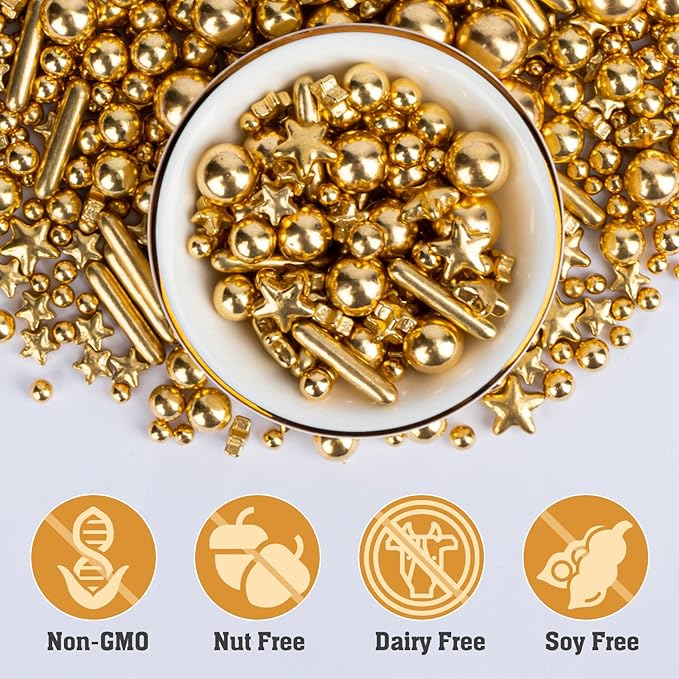 Twisweet Gold Pearl Star Rods Sprinkles for Cake Decorating, Edible Sugar Pearls for Baking, Mix Size Cake Topper Ice Cream Cupcake Cookie Dessert Decorations, Wedding Valentines Birthday Christmas Easter Mother's Day Supplies (130g/4.58oz)