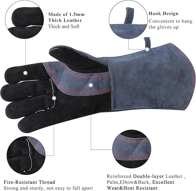 RAPICCA Fireplace Gloves Fire Heat Resistant: Grey 16IN 662℉- Fireproof Leather for Fireplace Fire pit Wood stove Campfire Furnace BBQ Grill Oven Stick Mig Welding Welder Gear - Birthday Gift for men