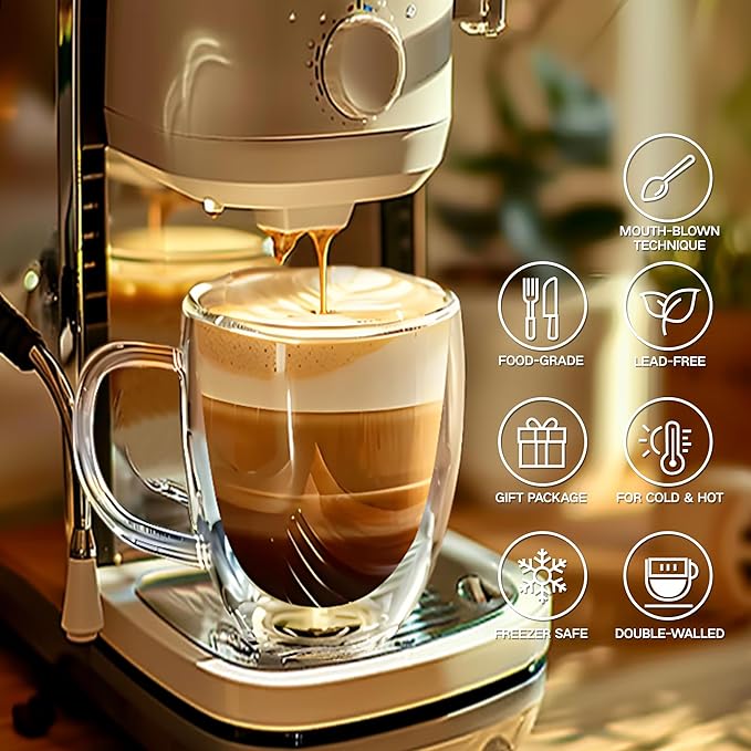Set of 2 Double Walled Glass Coffee Mugs 16 Ounces Insulated Layer Coffee Cups with Handle Borosilicate Glass Espresso Cup for Hot Beverage,Cappuccino,Tea,Latte,Wine,Microwave Safe