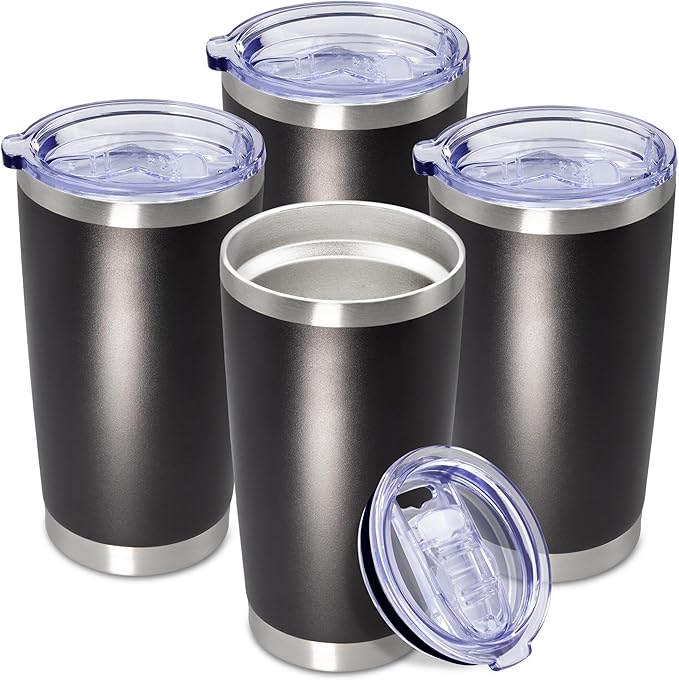 20 oz Tumbler Coffee Tavel Tumblers Bulk with Lid Stainless Steel Double Wall Vacuum Insulated Mug Powder Coated Cups fit Car Cupholder for Hot and Cold - Black, 4Pack