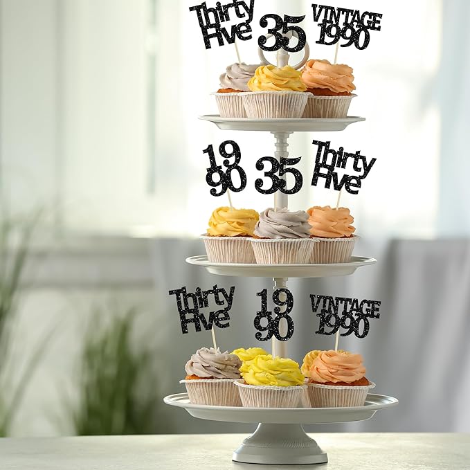 Gyufise 24Pcs Vintage 1990 Cupcake Toppers Glitter Cheers to 35 Fabulous Thirty Five Cupcake Picks 35th Birthday Wedding Anniversary Party Cake Decorations Supplies Black