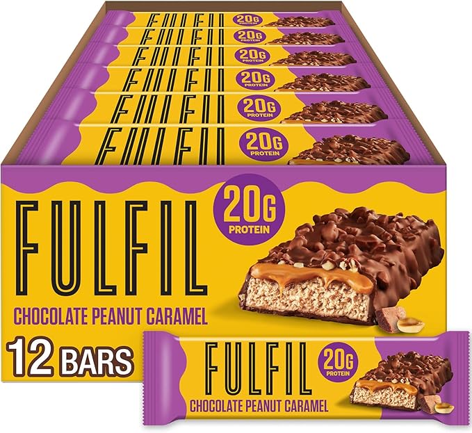 FULFIL Protein Bars, Chocolate Peanut Caramel Flavored, Gluten Free with 20g Protein, Pantry Staples, 12 Count
